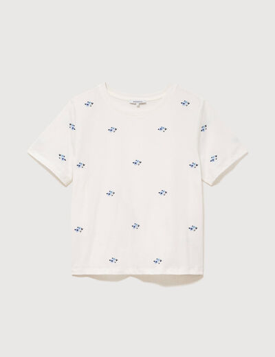 T-shirt droit col rond brod&eacute; en coton ivoire femme