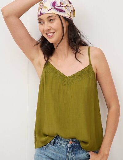 Caraco col v bretelles brod&eacute; vert kaki femme