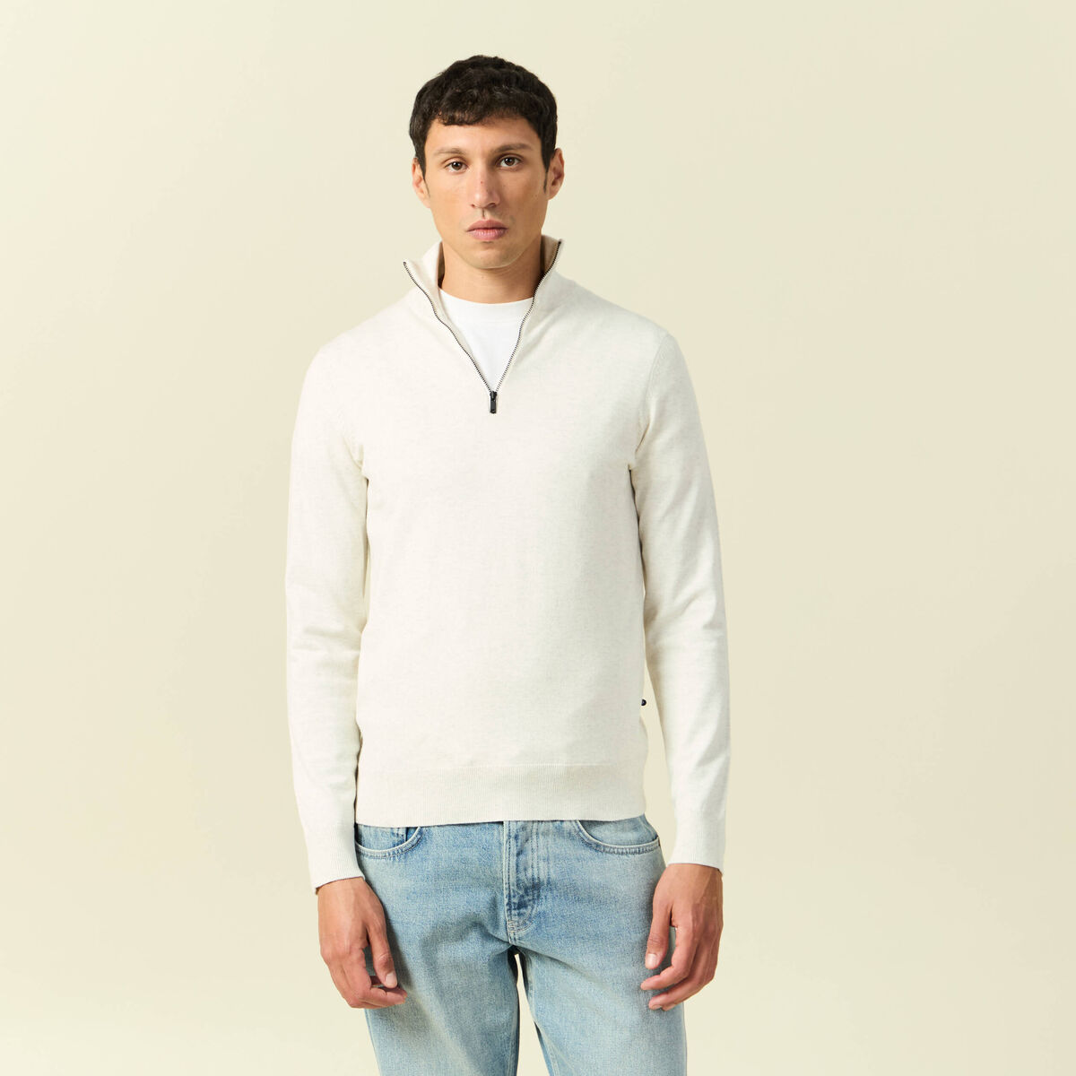 Pull fin col camionneur manches longues ecru homme