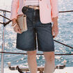 Bermuda large taille haute en coton denim stone femme