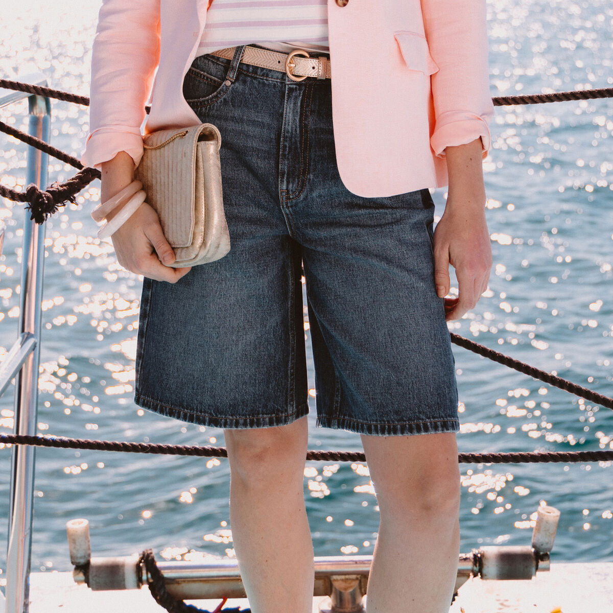 Bermuda large taille haute en coton denim stone femme
