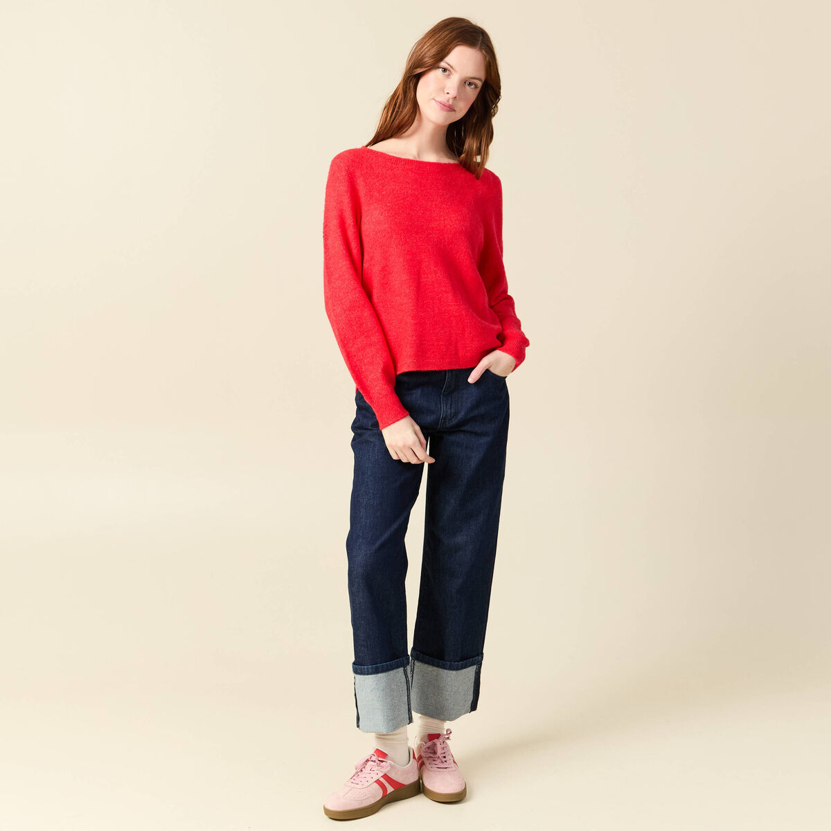 Pull col bateau manches longues rouge femme