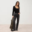 Jeans straight taille haute strass denim gris femme