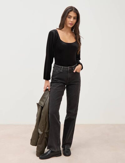Jeans straight taille haute strass denim gris femme