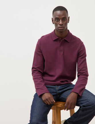 Polo droit manches longues en coton prune homme