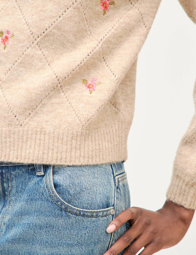 Pull droit col rond manches longues creme femme