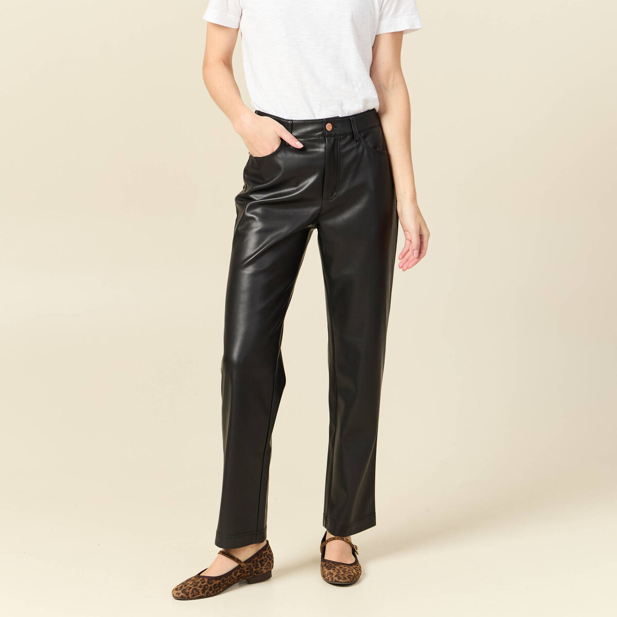 Pantalon taille haute similicuir noir femme