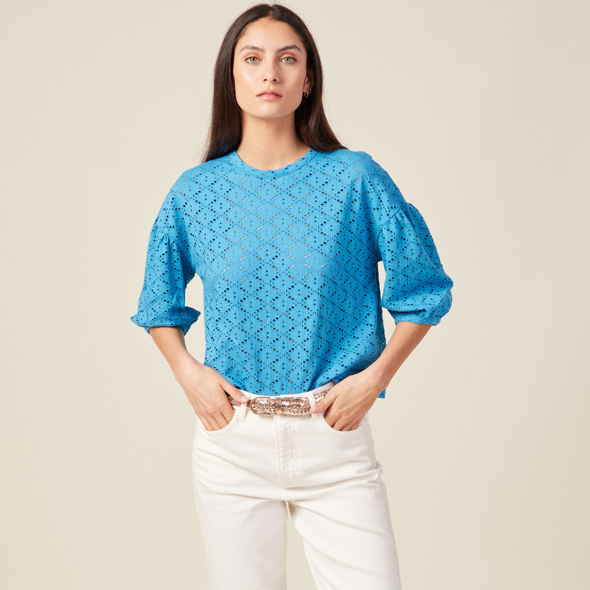 T-shirt manches 3/4 ajouré bleu femme