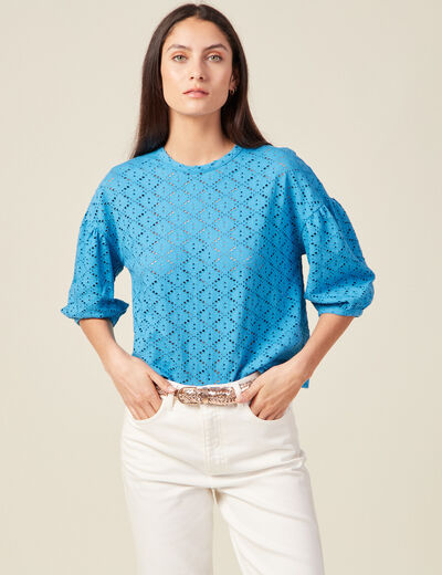 T-shirt manches 3/4 ajouré bleu femme