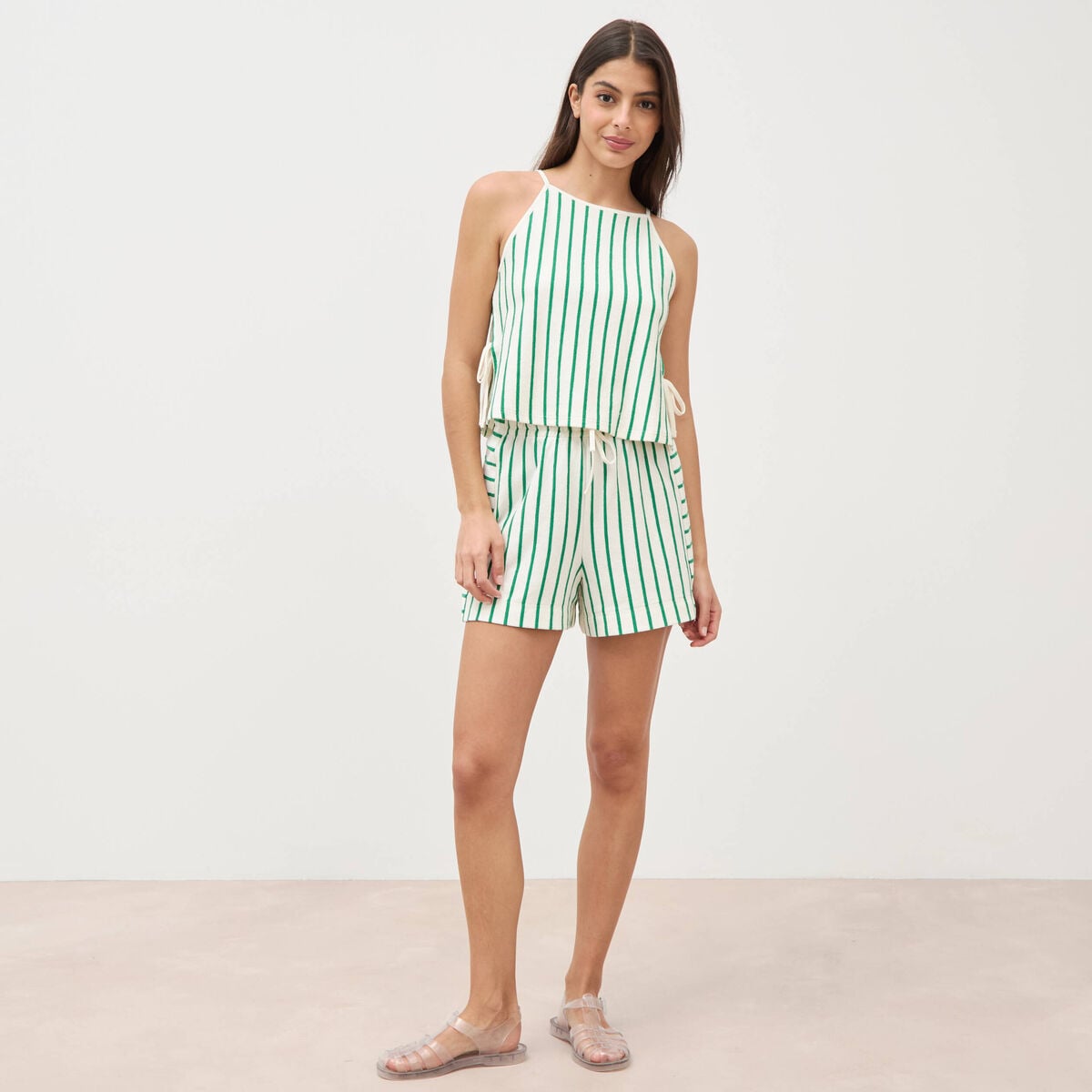 Short taille haute en maille ray&eacute;e vert femme