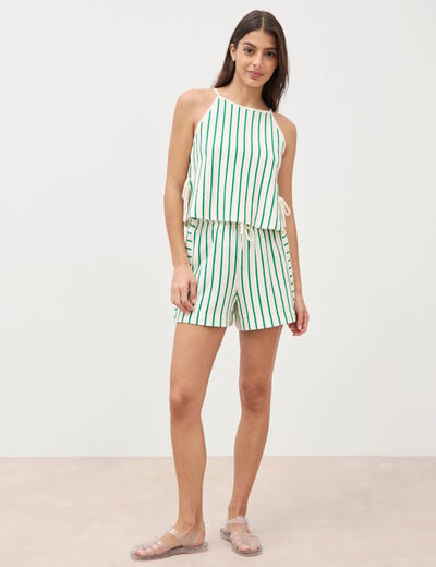 Short taille haute en maille ray&eacute;e vert femme