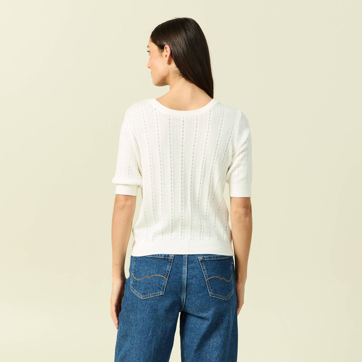 Gilet manches coude col rond ecru femme