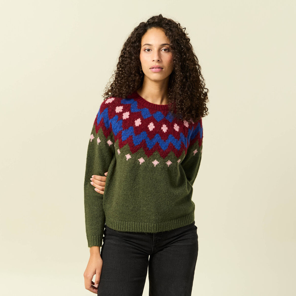 Pull col rond manches longues vert kaki femme