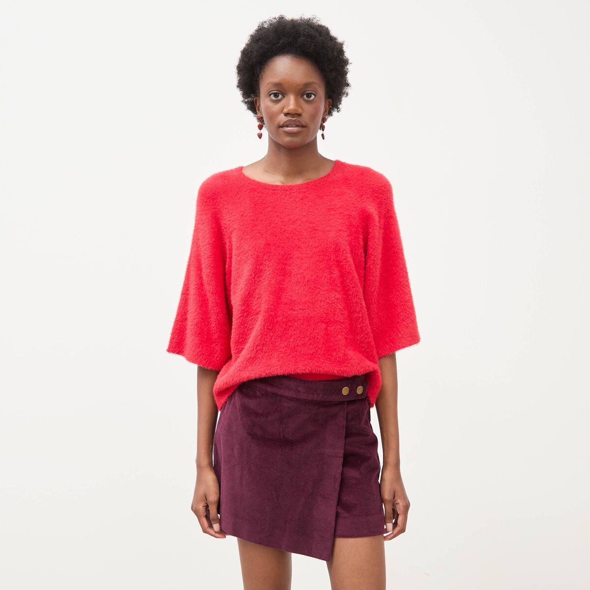 Jupe-short taille haute en velours prune femme