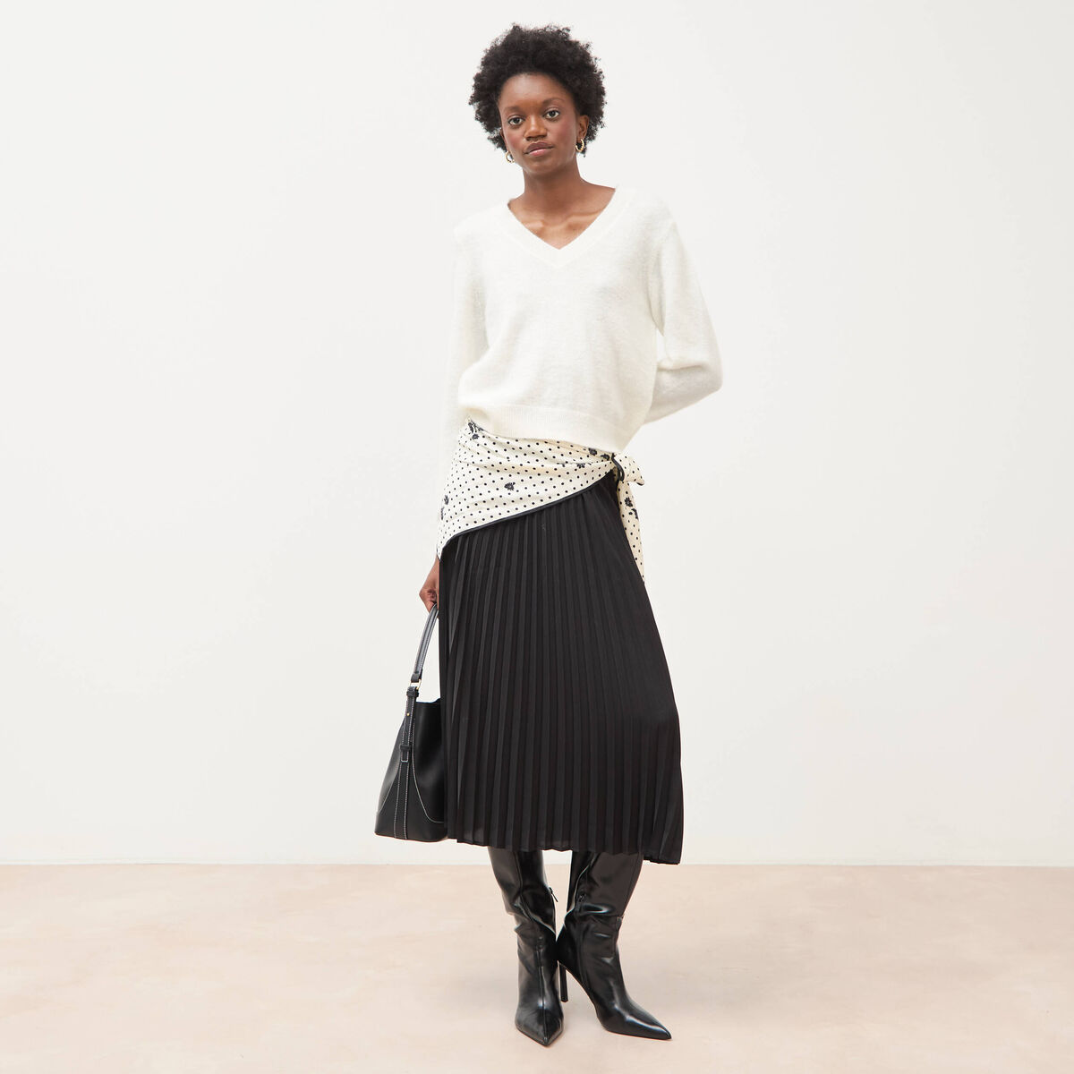 Pull droit col v manches longues ecru femme
