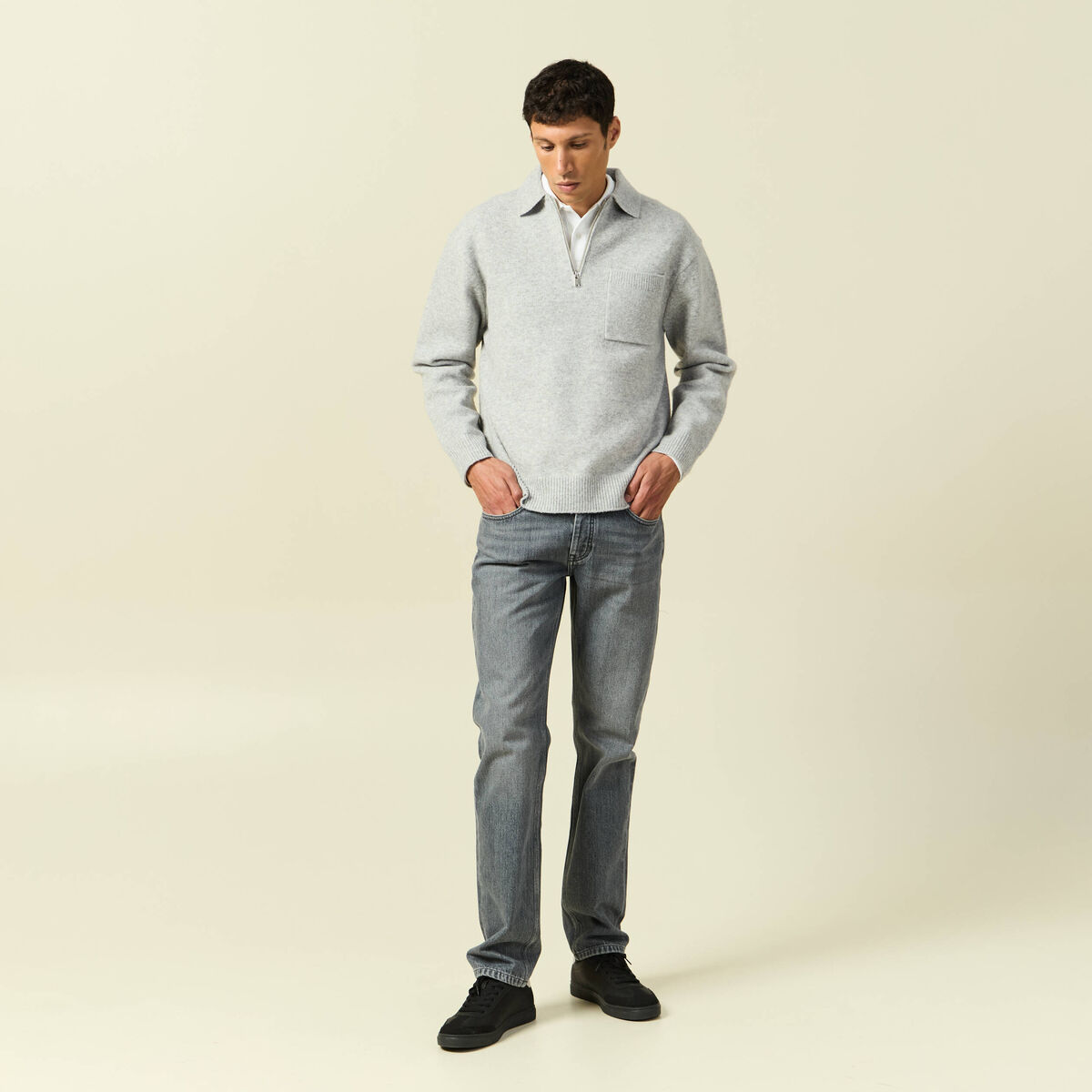 Pull manches longues col polo zipp&eacute; gris homme