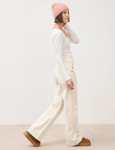 Pantalon large taille haute en velours ivoire femme