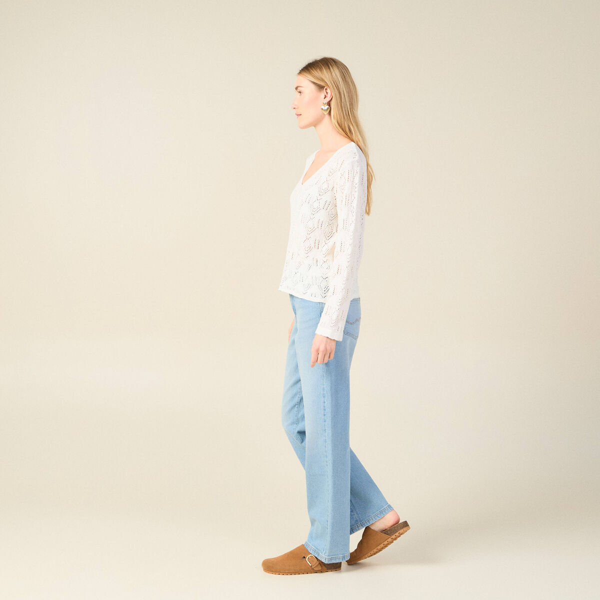 Pull ajour&eacute; col v manches longues ecru femme