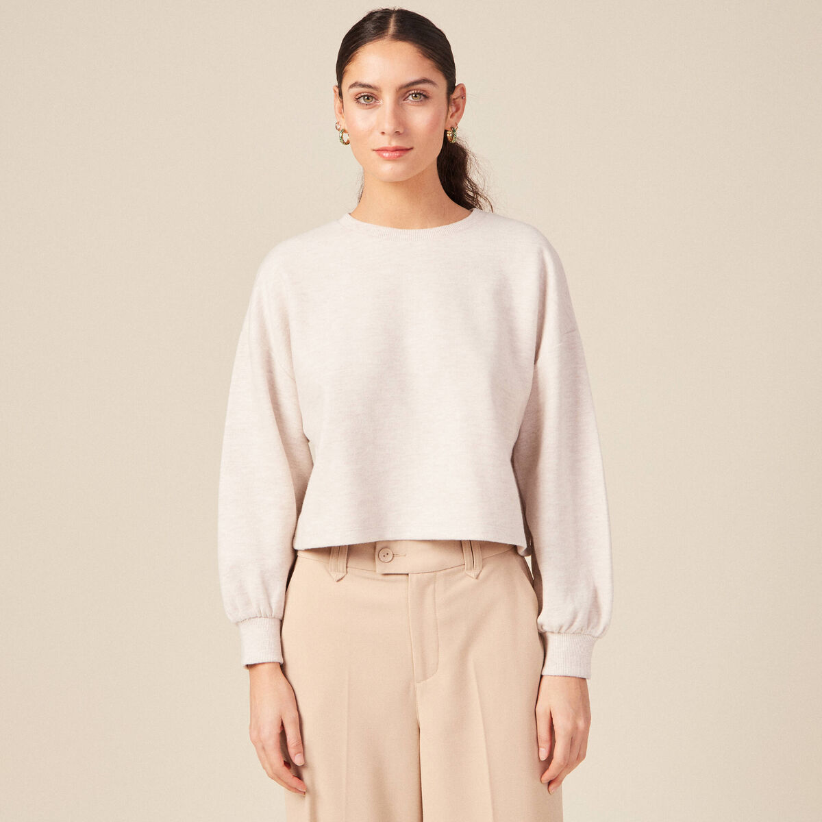 Sweat oversize court manches longues creme femme