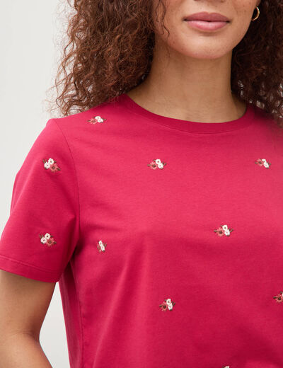 T-shirt droit col rond brod&eacute; en coton rouge clair femme