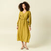 Robe longue droite col v manches longues vert olive femme