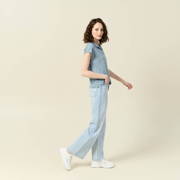 Polo en lin manches courtes bleu gris femme