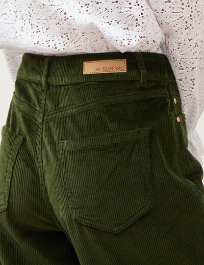 Pantalon taille haute velours resserr&eacute; vert fonc&eacute; femme
