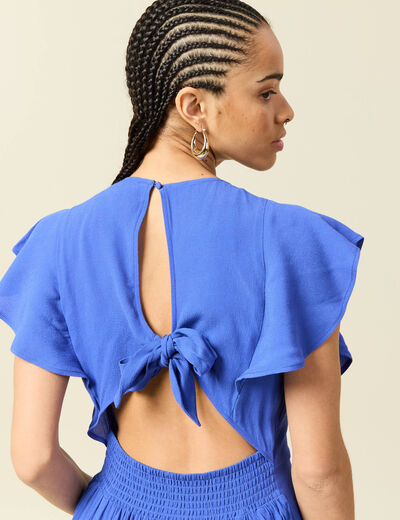 Robe fluide col v manches courtes bleu electrique femme