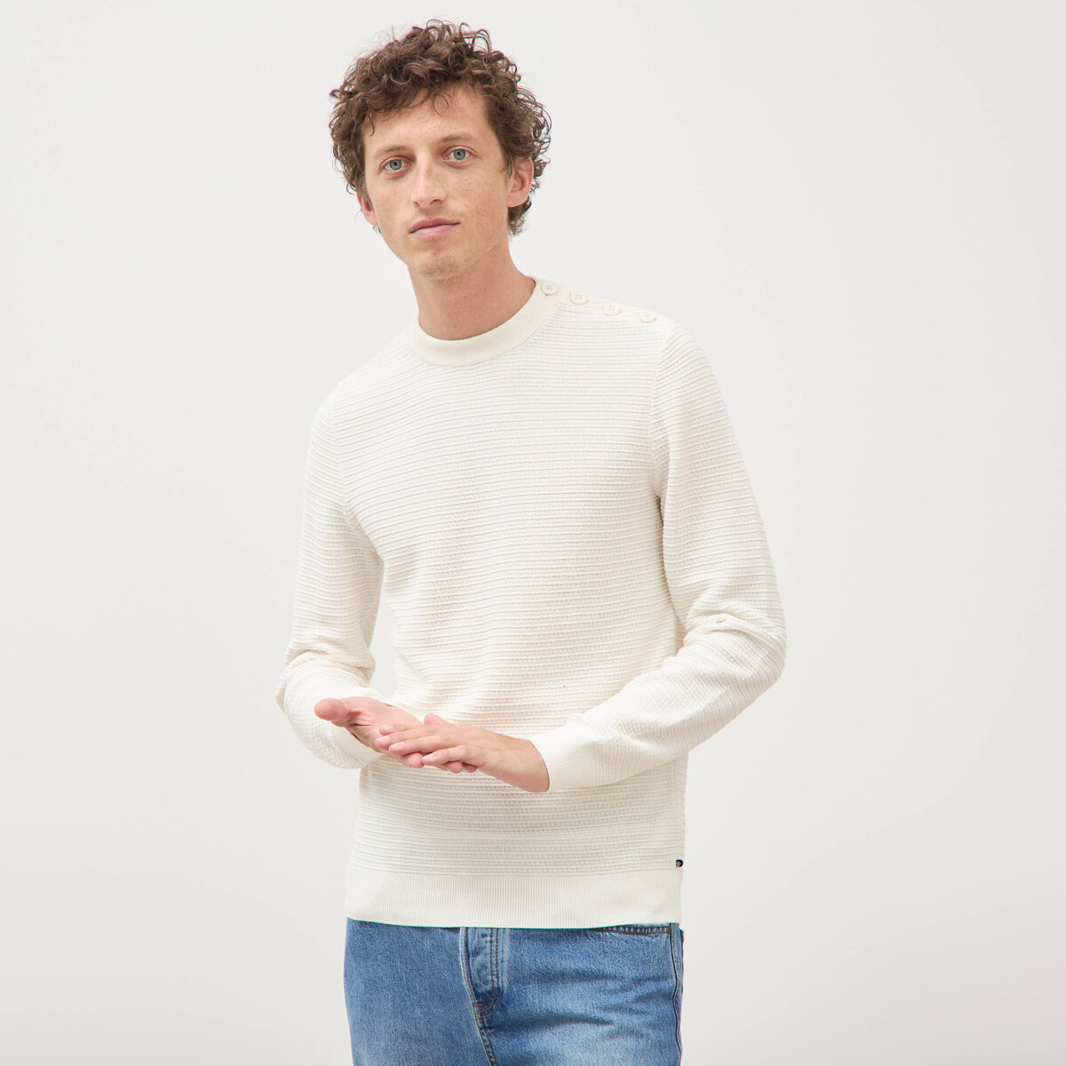 Pull col rond manches longues ecru homme
