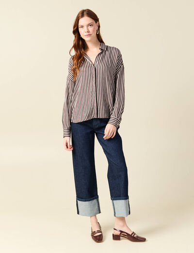 Chemise boyfriend courte manches longues marron fonc&eacute; femme
