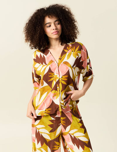 Chemise manches courtes col cubain marron cognac femme