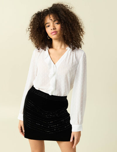 Blouse manches longues col tunisien blanc femme