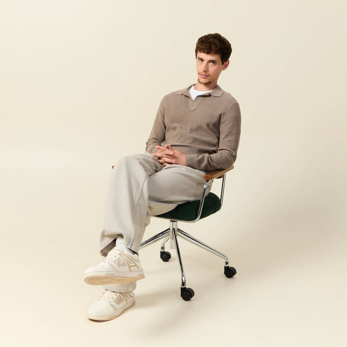 Pull droit col polo manches longues vert kaki homme