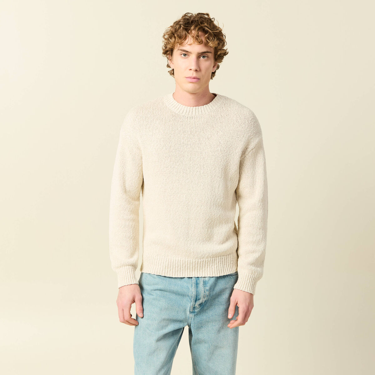 Pull col rond manches longues en coton sable homme