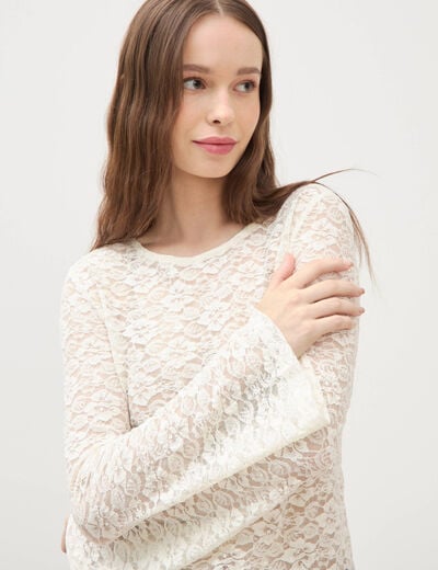 Blouse manches longues dentelle col rond ecru femme
