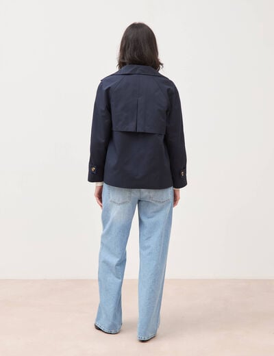 Trench droit court col montant bleu fonc&eacute; femme