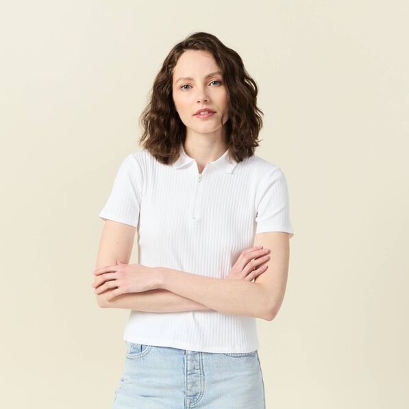 Polo zippé manches courtes blanc femme