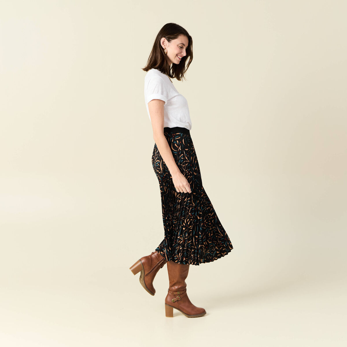 Jupe midi évasée plissée noir femme