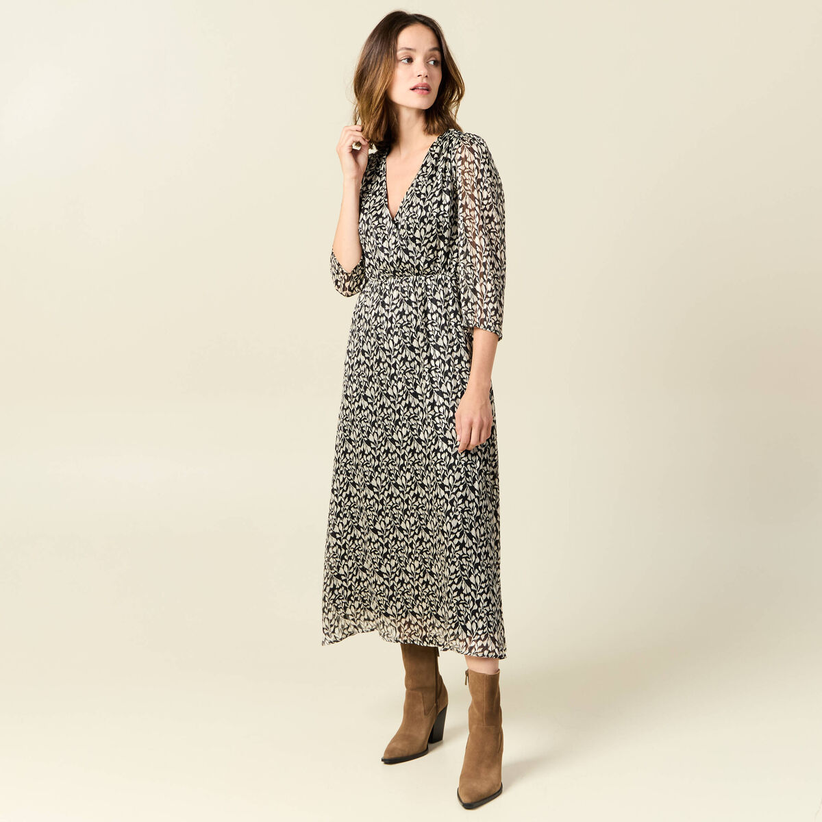 Robe longue évasée manches 3/4 noir femme