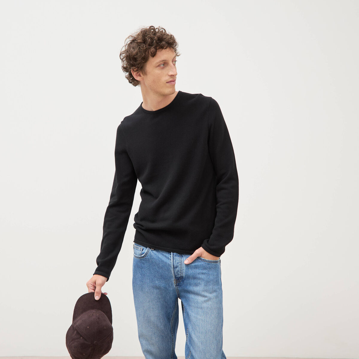 Pull col rond manches longues noir homme