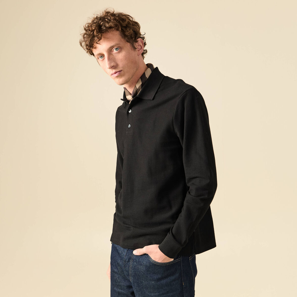 Polo manches longues en coton noir homme