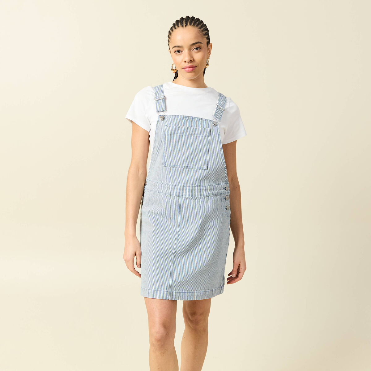 Robe en jeans &agrave; bretelles col carr&eacute; bleu marine femme
