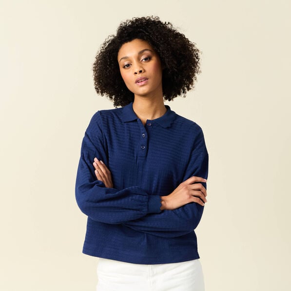 sweat manches longues col polo bleu fonce femme Sweat manches longues col polo bleu foncé femme