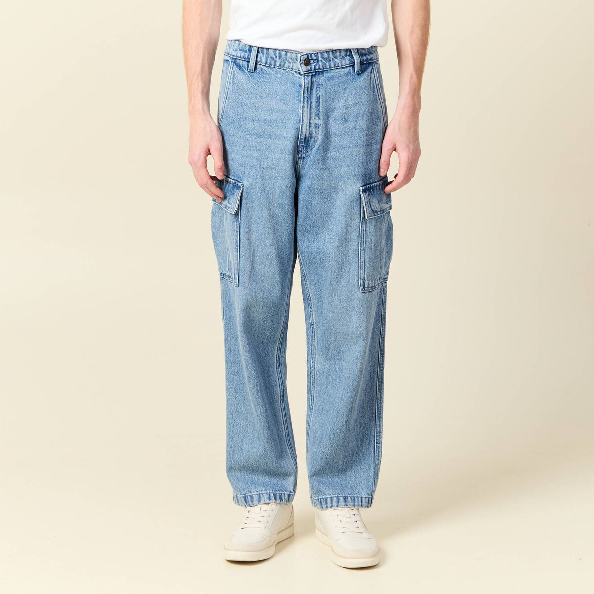 Pantalon cargo en coton denim bleach homme