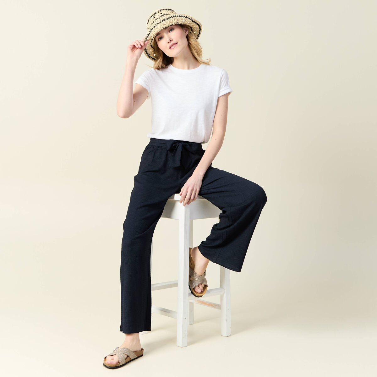 Pantalon large fluide noeud bleu marine femme
