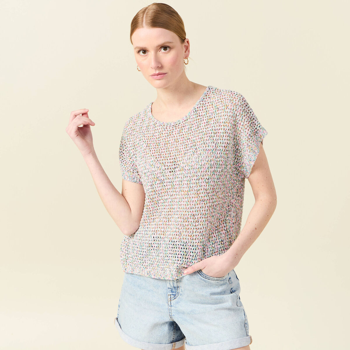Pull crochet manches courtes vert kaki femme