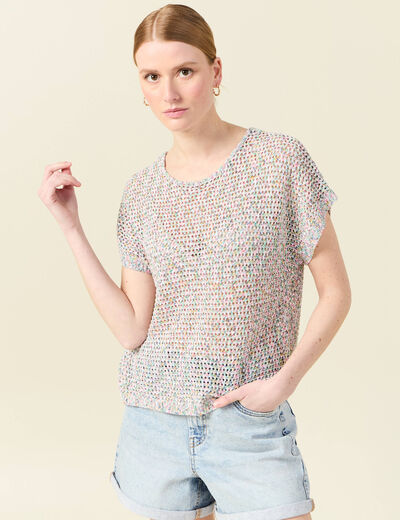 Pull crochet manches courtes vert kaki femme