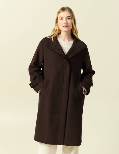 Manteau droit long col montant marron fonc&eacute; femme