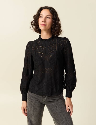 Blouse cintr&eacute;e dentelle manches longues noir femme
