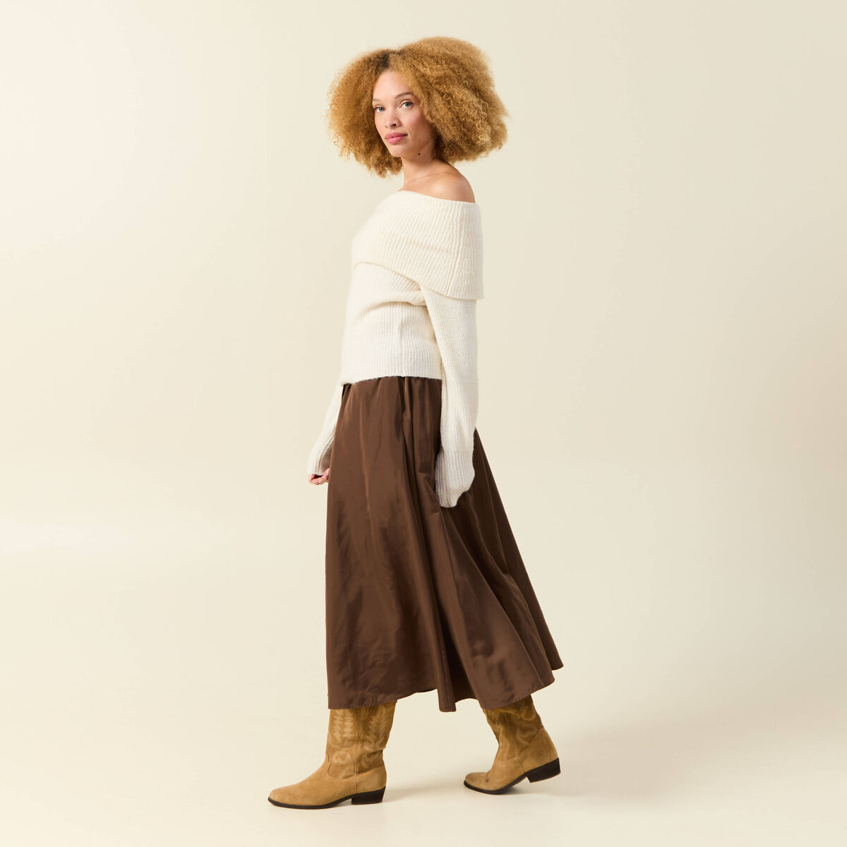 Pull manches longues col bardot ecru femme